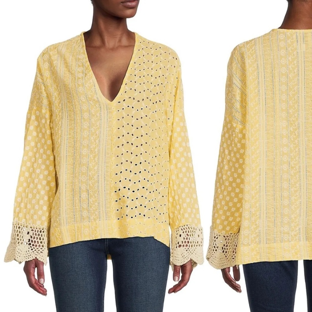 NWT AREA STARS “Luna” Embroidered Eyelet Top in Yellow/White, Size Small